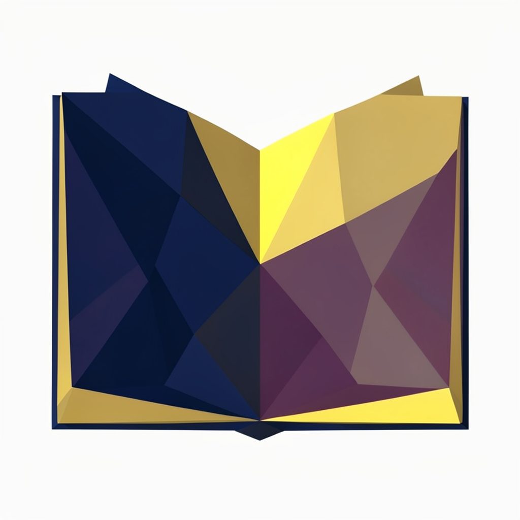 A low-poly faceted geometric composition in deep navy, gold, and muted plum tones, forming an abstract open-book shape with angular crystalline facets catching light.