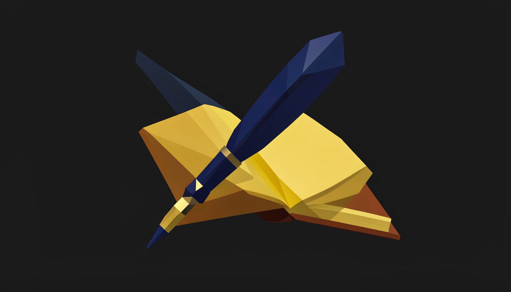 A low-poly faceted geometric composition of a quill pen crossing an open book, rendered in deep navy, gold, and warm amber tones against a dark background.