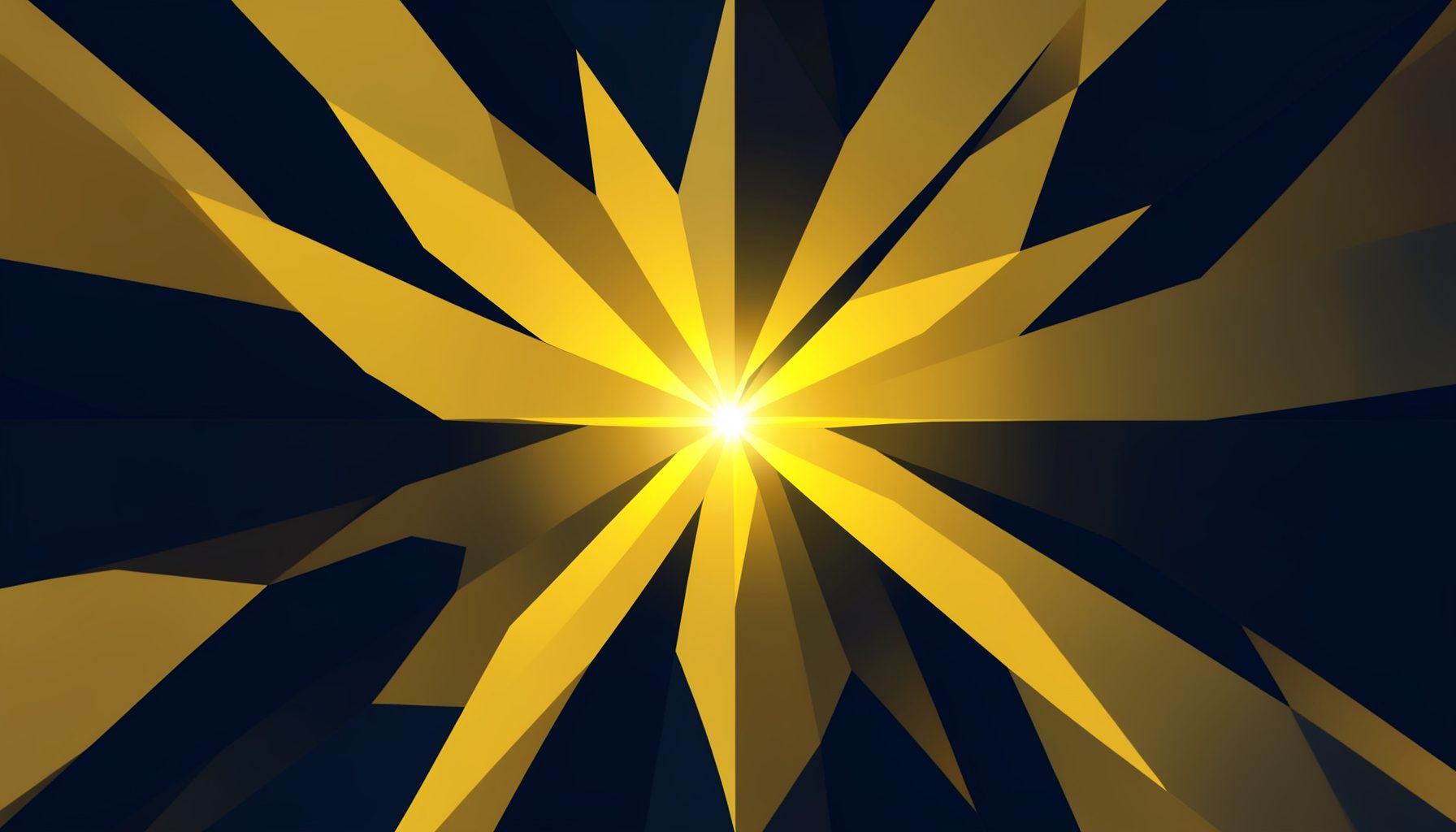 A low-poly faceted geometric composition in warm gold and deep navy tones, with angular crystalline shapes converging toward a central glowing point, evoking creative energy and inspiration.