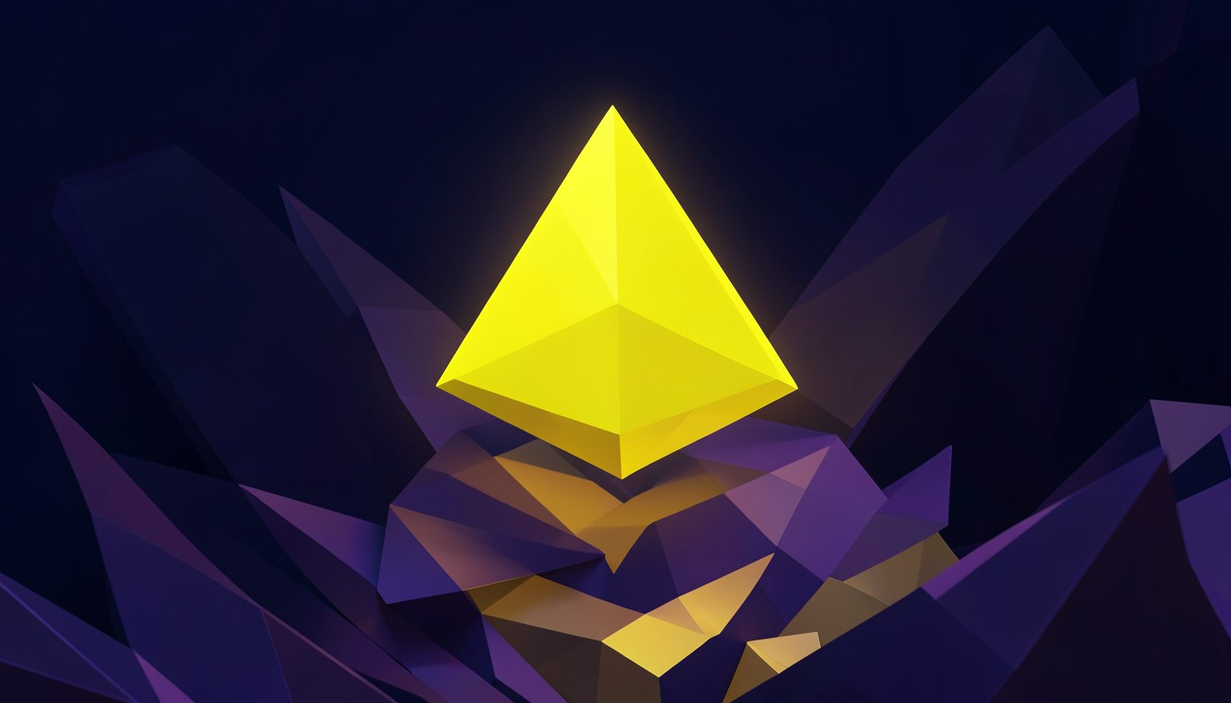 A low-poly faceted geometric render of a glowing play-button triangle floating above layered angular shards in deep navy, violet, and gold tones, evoking a cinematic digital-media mood.