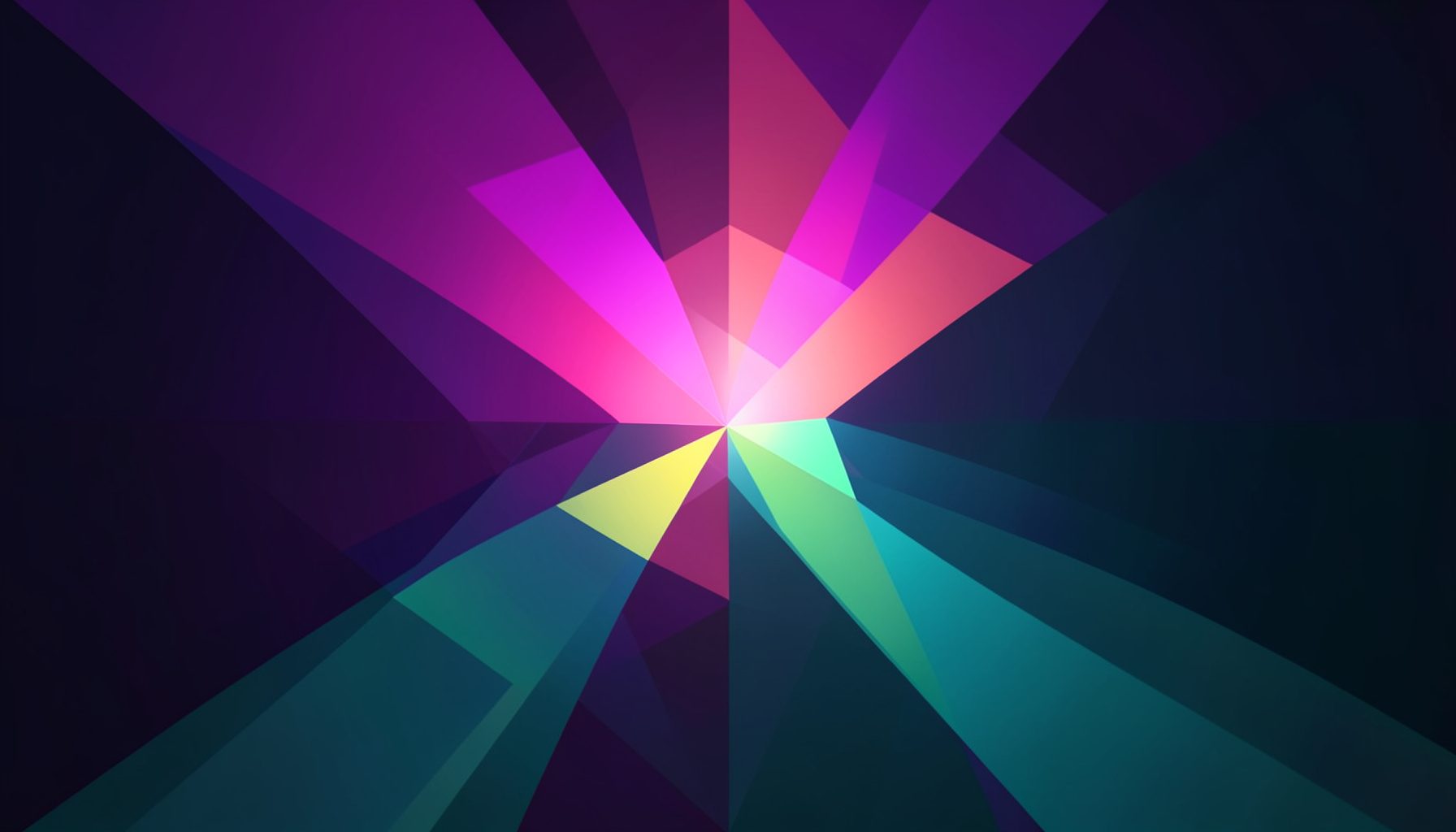 A low-poly faceted geometric render of violet and teal angular planes converging toward a central luminous point, suggesting a cinematic spotlight.