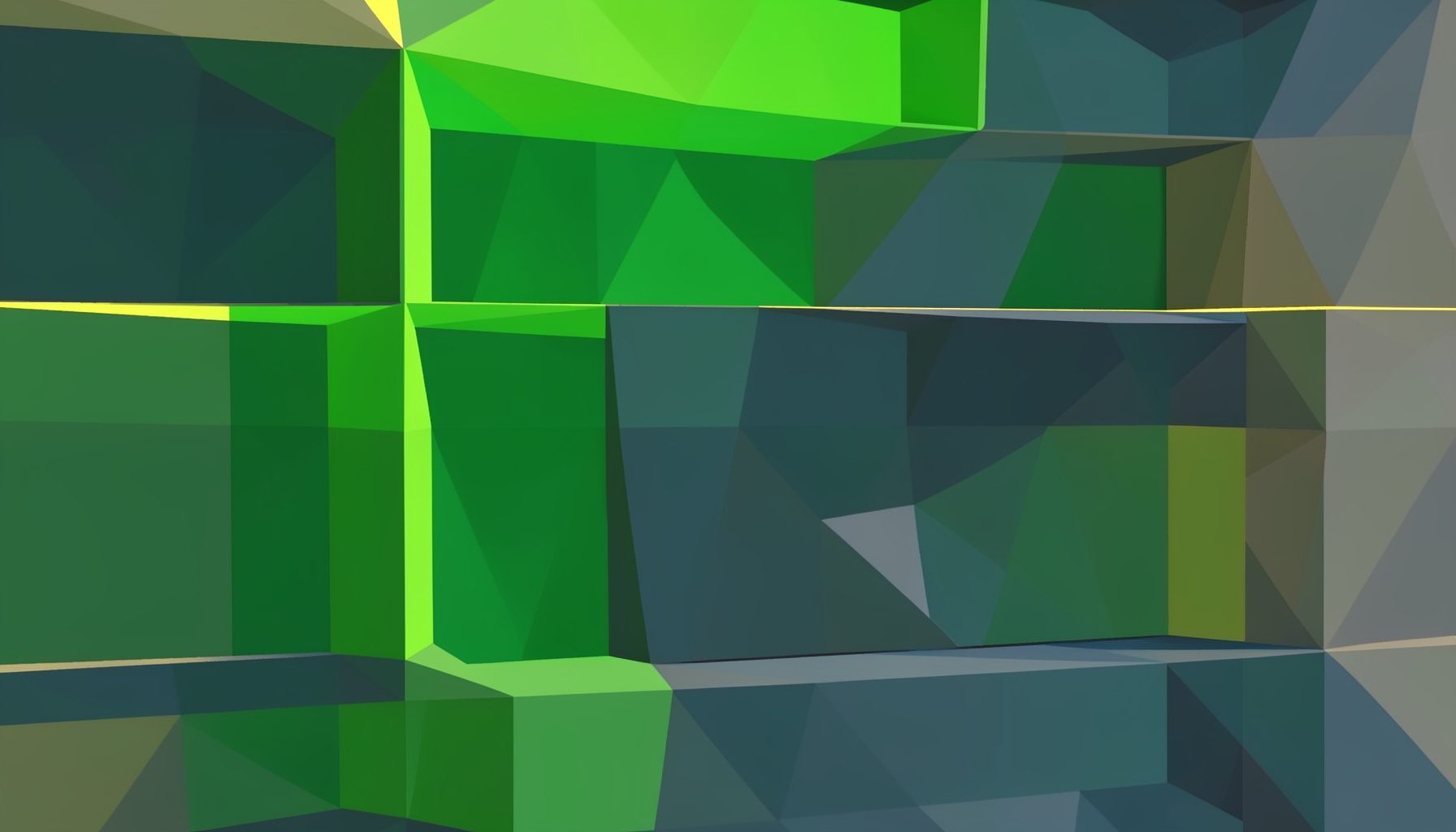 A low-poly faceted geometric render of emerald and slate-blue rectangular blocks stacked like bookshelves, with soft golden highlights along the edges.