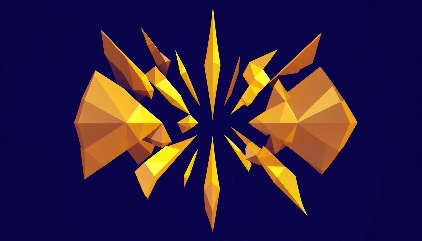 A low-poly faceted geometric render of warm amber and gold crystalline forms radiating outward like sound waves, set against a deep indigo background.