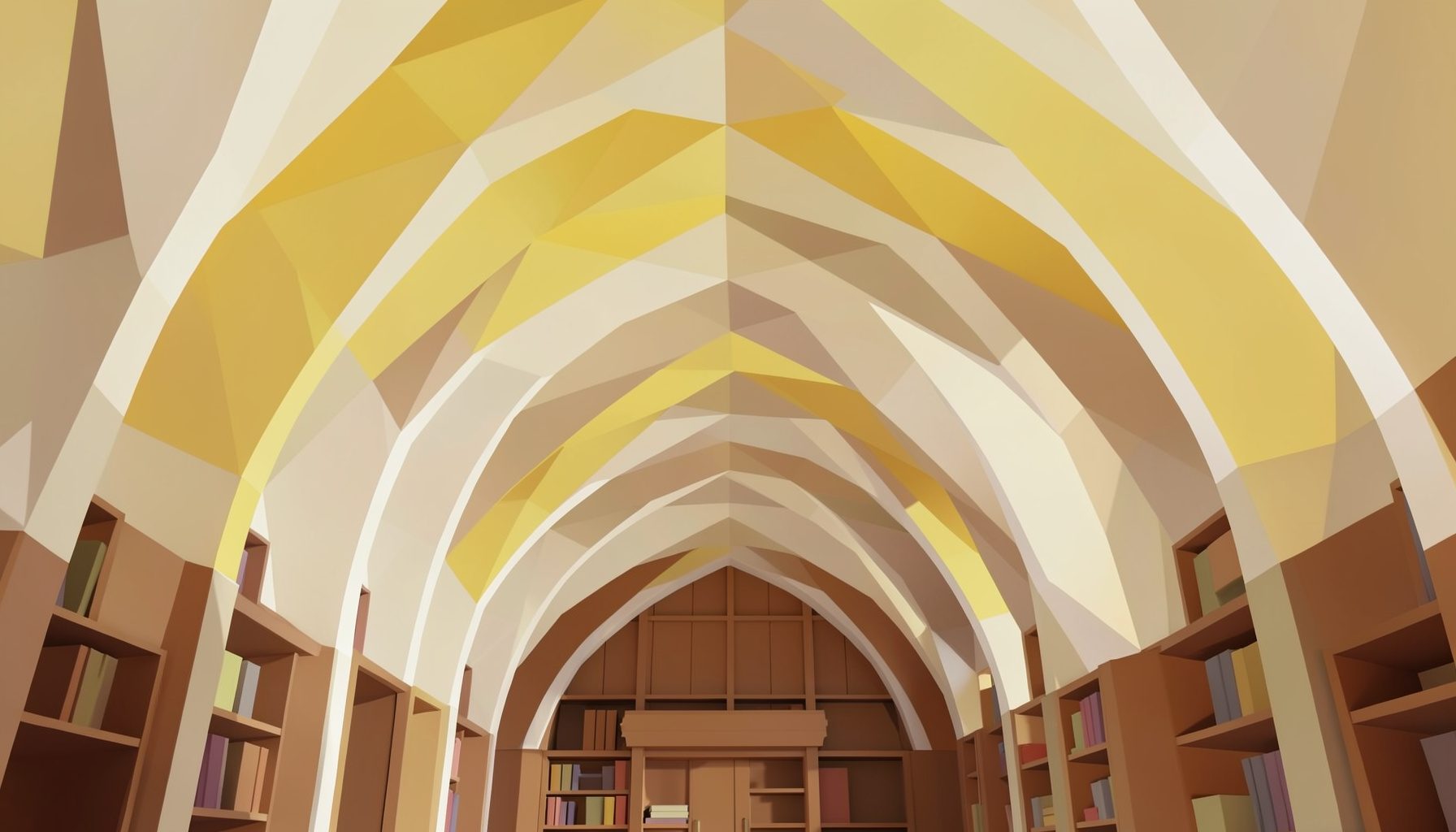 A low-poly faceted geometric render of arched faceted forms in cream and soft brown tones, suggesting the vaulted ceiling of a grand reading room.