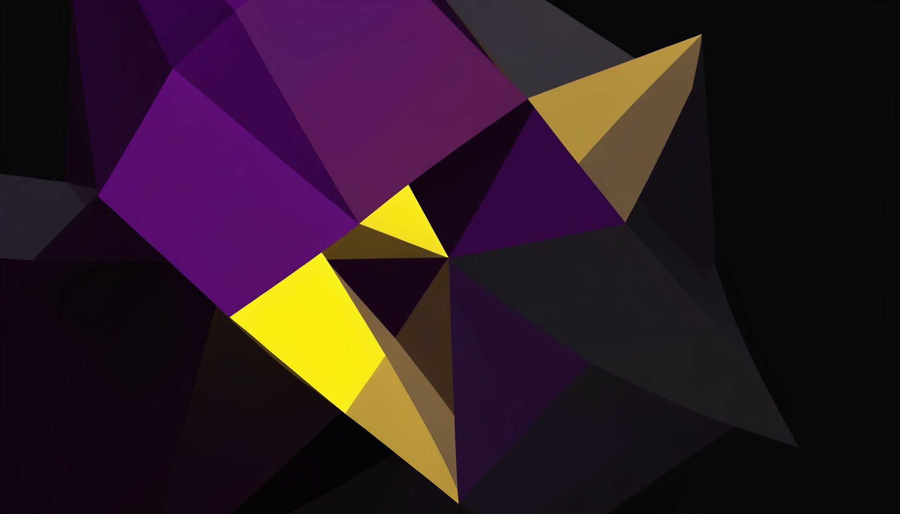 Abstract geometric composition of faceted low-poly shapes in deep purple, gold, and charcoal, with angular planes catching light against a dark background, conveying a bold and contemplative mood.